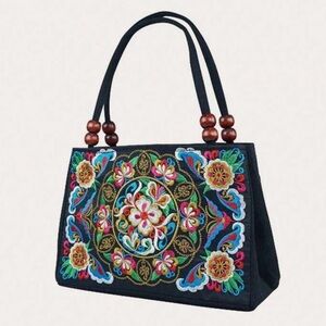 Yogodlns Stylish Floral Embroidered Handbag, Zipper Canvas Bag